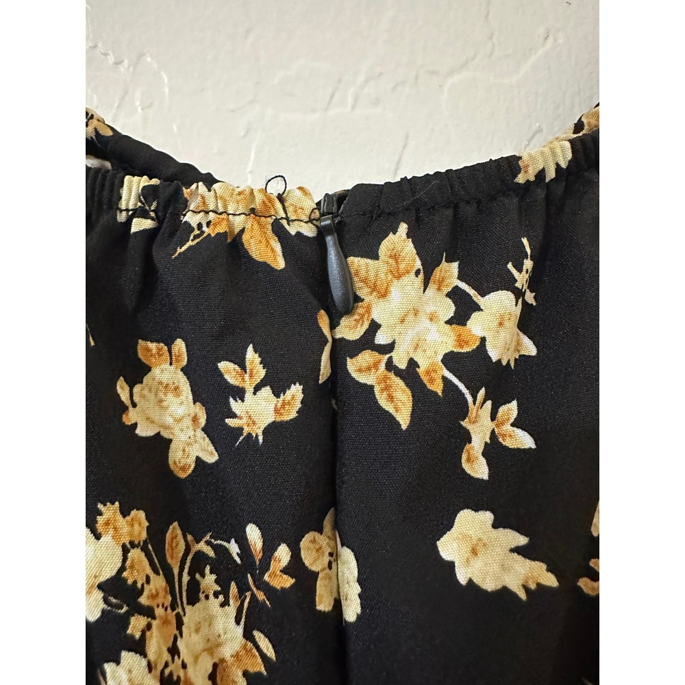 Floral Midi Dress Black Yellow Cottagecore Long Balloon Sleeve Slit L Babydoll - Picture 6 of 12